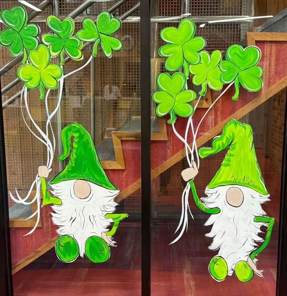 St. Patrick's Day window painting with gnomes